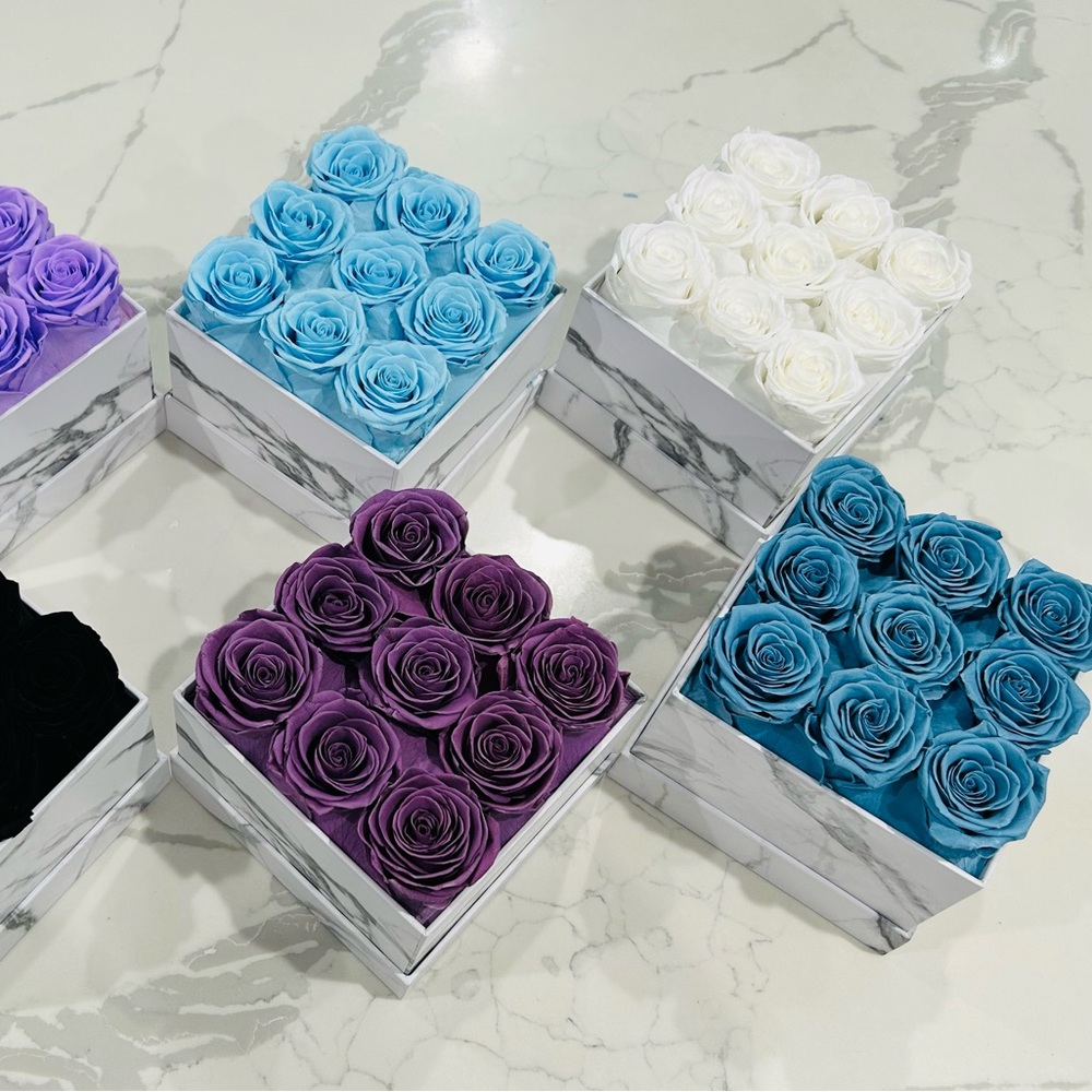 New Rose Box Infinity Forever Preserved Roses White Blue Purple Blaxk 9 Roses